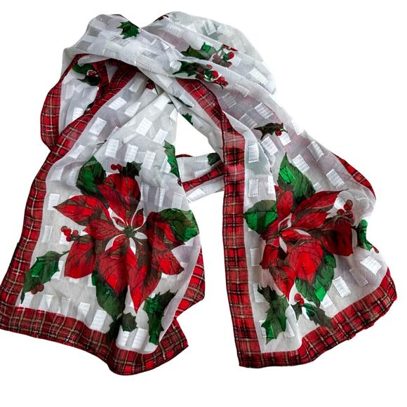 Christmas holiday silk burnout scarf long rectangle white green red plaid border - Picture 5 of 6